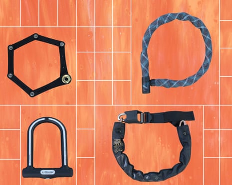 illustration of different bike locks on orange grid patterned background