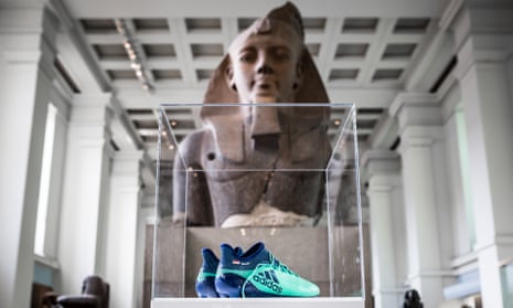 Mohamed Salah’s Adidas X17 Deadly Strike boots are pictured in front from the museum’s statue of Ramesses II.