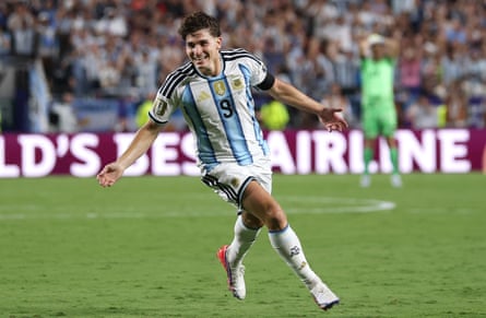 Julián Alvarez celebrates after scoring for Argentina against Switzerland at the World Cup.