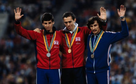 Sebastian Coe, Steve Ovett and Nikolay Kirov, the 800m silver, gold and bronze medal winners at the 1980 Olympics.