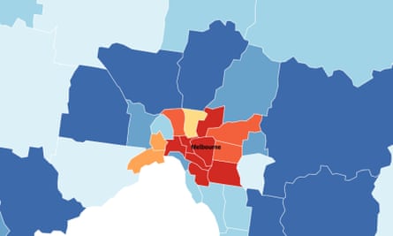 Map of Melbourne showing an increase of cases in central LGAs