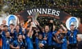 Atalanta celebrate with the Europa League trophy after beating Bayer Leverkusen