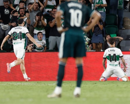 Fer Niño (right) knee slides after scoring during La Liga match between Elche and Real Madrid