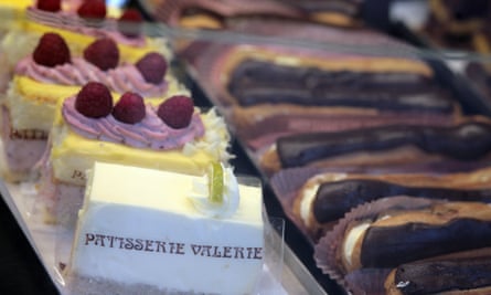 A selection of cream cakes at a Patisserie Valerie shop