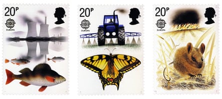 A set of postage stamps by Gentleman on ecology 1986, blocked by Margaret Thatcher.