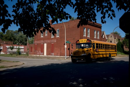 A school bus passes through a neighborhood in south St. Louis on Friday, Sept. 13, 2019, a block from where 3-year-old Kennedi Powell was shot in June of this year. The toddler was killed in a drive-by shooting, while another bullet injured her 6-year-old neighbor. At least 13 children have died of gunshot wounds in St. Louis city this year, and six children in St. Louis Country have been killed by gunfire.