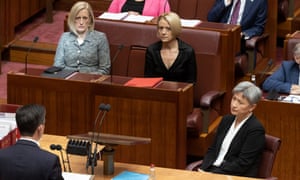 Labor Senate leader Penny Wong, senators Kristina Keneally and Katy Gallagher during a condolence motion for the late senator Kimberley Kitching.