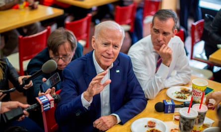 Joe Biden talks to reporters with the Los Angeles mayor, Eric Garcetti, during a campaign stop at a King Taco shop in Los Angeles last month.