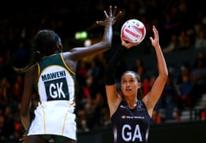 Maria Tutaia of New Zealand shoots past South Africa’s Phumza Maweni during the recent Quad Series game in London.