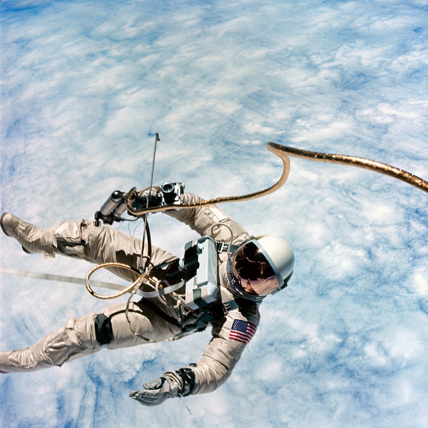 Gemini IV, June 3-7, 1965 Ed White leaves the spacecraft in this photograph by James McDivitt - the first portrait taken by another human in space