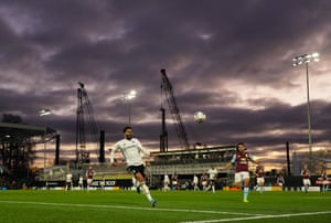 Cyrus Christie of Fulham in front of a colourful winter sky as Fulham played Aston Villa at Craven Cottage, which is being redeveloped. Fulham won 2-1 thanks to substitute Harry Arter’s goal.