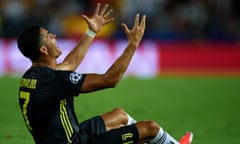 Valencia v Juventus - UEFA Champions League Group H<br>VALENCIA, SPAIN - SEPTEMBER 19: Cristano Ronaldo of Juventus reacts after his red card during the Group H match of the UEFA Champions League between Valencia and Juventus at Estadio Mestalla on September 19, 2018 in Valencia, Spain. (Photo by Manuel Queimadelos Alonso/Getty Images)