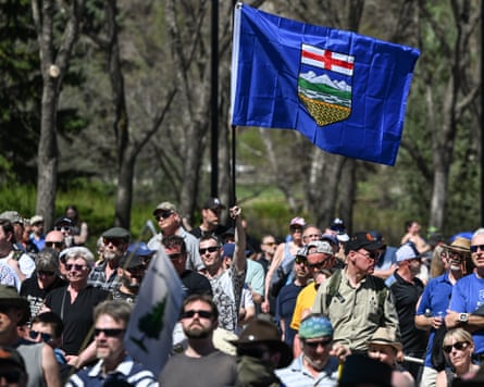 People gather outside the Alberta legislature to rally for Alberta’s independence on 3 May 2025.