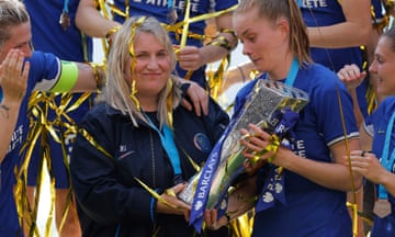 Manchester United v Chelsea F.A. Women's Super League match<br>Emma Hayes the Chelsea manager with the Super League trophy at the presentation after the F.A Women's Super League match between Manchester United and Chelsea at Old Trafford on May 18th 2024 in Manchester, England (Photo by Tom Jenkins)