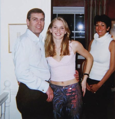 Prince Andrew, Virginia Giuffre, and Ghislaine Maxwell posing for a photo, reportedly in 2001.
