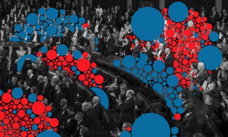 A black and white photo of members of the 218th congress in their chambers with patterns of red and blue dots overlaid