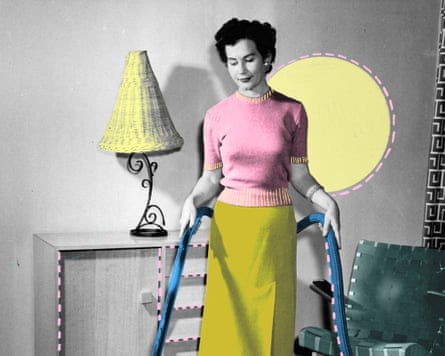 Kindness of strangers. Archival image of a woman holding a vacuum cleaner.
