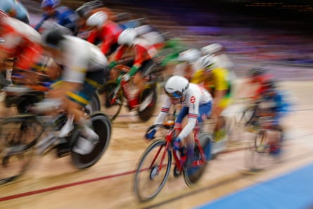 Laura Kenny (centre) competes in the women’s elimination race at the UCI track cycling world championships in Berlin last year.