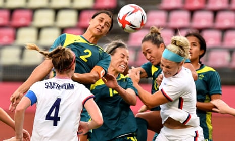 Australia’s Sam Kerr rises highest during the Matildas’ 0-0 draw against the United States. 