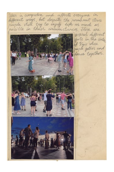 In Kyiv, people gather to dance outdoors in a park, including a nighttime scene