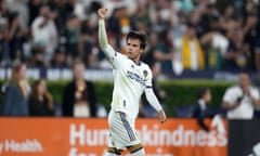MLS: Los Angeles FC at LA Galaxy<br>Jul 4, 2023; Los Angeles, California, USA; LA Galaxy midfielder Riqui Puig (6) celebrates after scoring a goal against the LAFC in the second half at the Rose Bowl. Mandatory Credit: Kirby Lee-USA TODAY Sports