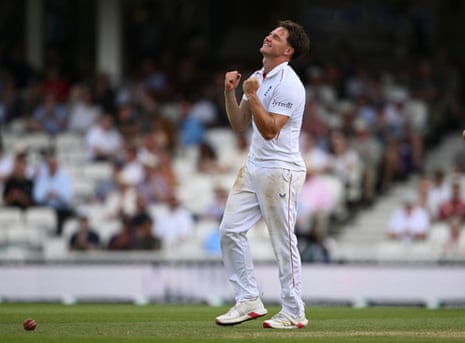 Sonny Baker celebrates taking the wicket of Matt Henry as New Zealand are all out for 362.