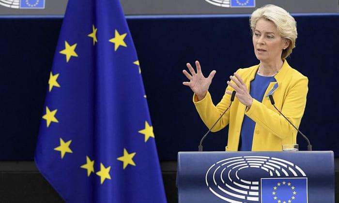 European Commission President Ursula von der Leyen delivers a speech during a debate on "The State of the European Union".