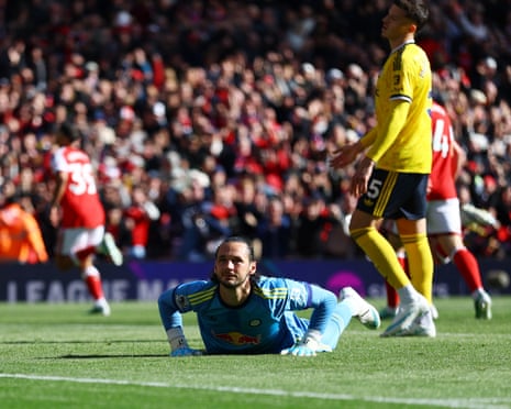 Leeds United's James Trafford looks dejected after Arsenal's Bruno Guimaraes scores their second goal.