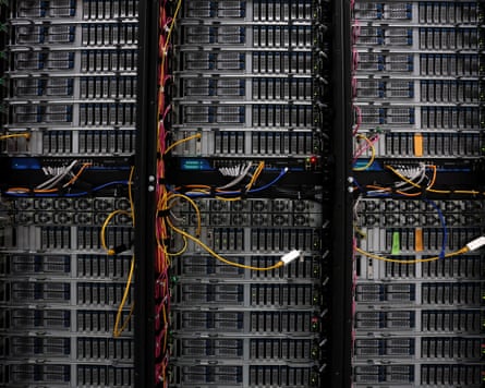 Racks of electronics in a datacenter.