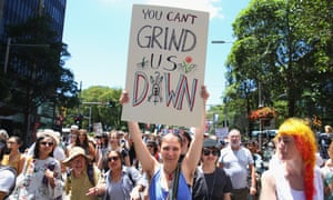 Women’s march to protest Trump’s inauguration down Park St on 21 January 2017 in Sydney