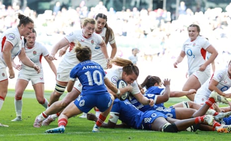 England's Sarah Bern scores a try.