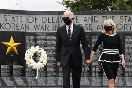 Joe Biden and Jill Biden depart after placing a wreath at the Delaware Memorial Bridge Veterans Memorial Park.