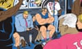 illustration: many people sitting on a train carriage, most of whom have huge muscles bulging through their clothes