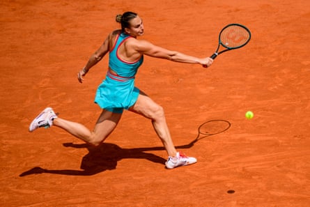 Aryna Sabalenka on her way to beating Zheng Qinwen 7-6, 6-3 at Roland Garros.