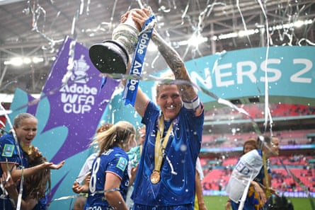 Millie Bright lifts the Women’s FA Cup trophy following Chelsea’s victory over Manchester United at Wembley in May 2025.