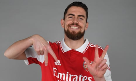 Jorginho in an Arsenal shirt after completing his move from Chelsea.