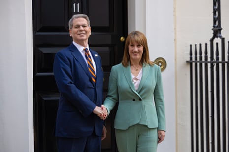 Rachel Reeves, the chancellor, welcoming the US treasury secretary Scott Bessent to 11 Downing Street this morning.