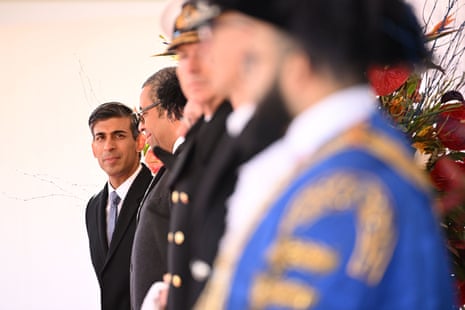 Rishi Sunak at the ceremonial welcome for the state visit to the UK by the South African president, Cyril Ramaphosa.