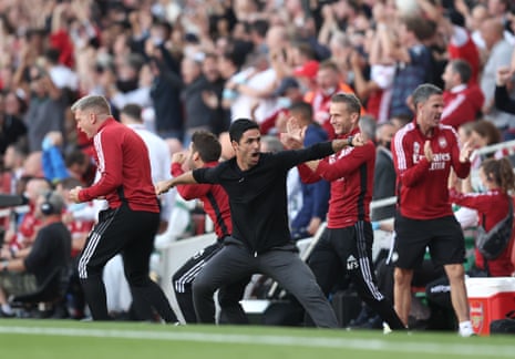 Mikel Arteta celebrates his team’s second goal in the derby victory against Spurs at the Emirates Stadium last September.