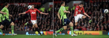 Van Persie volleys in his second goal against Aston Villa at Old Trafford