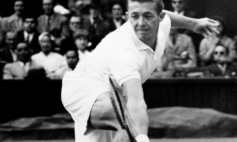 Tony Trabert making a backhand return against Kurt Nielsen in the men’s singles final at Wimbledon, 1955.