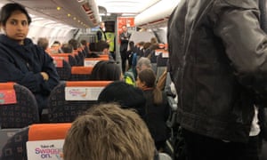 The scene inside a plane, diverted from Gatwick airport, three hours after it landed in Manchester