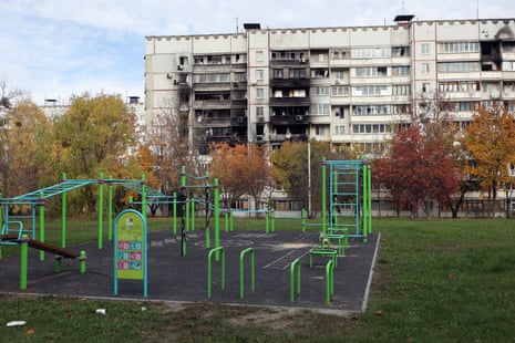 A sports ground next to a high-rise apartment building damaged as a result of shelling by Russian troops in the residential area of Northern Saltivka, Kharkiv.