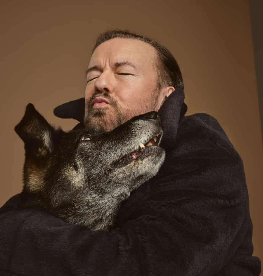 Ricky Gervais with the dog Anti, who plays Brandy in After Life