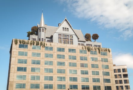 A tower block with turreted house on top