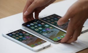 The iPhone 8, iPhone X and iPhone 8S are displayed at Apple’s launch event in California.