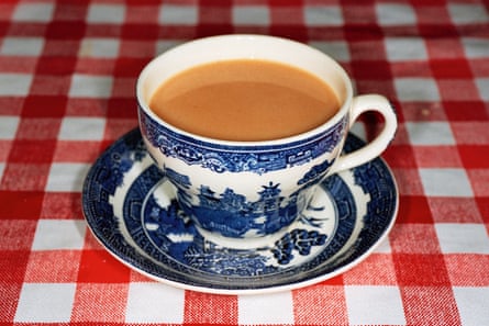 A blue wand white cup holding tea, on a red and white gingham tablecloth