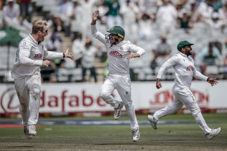 Simon Harmer celebrates after the dismissal of Cooper Connolly