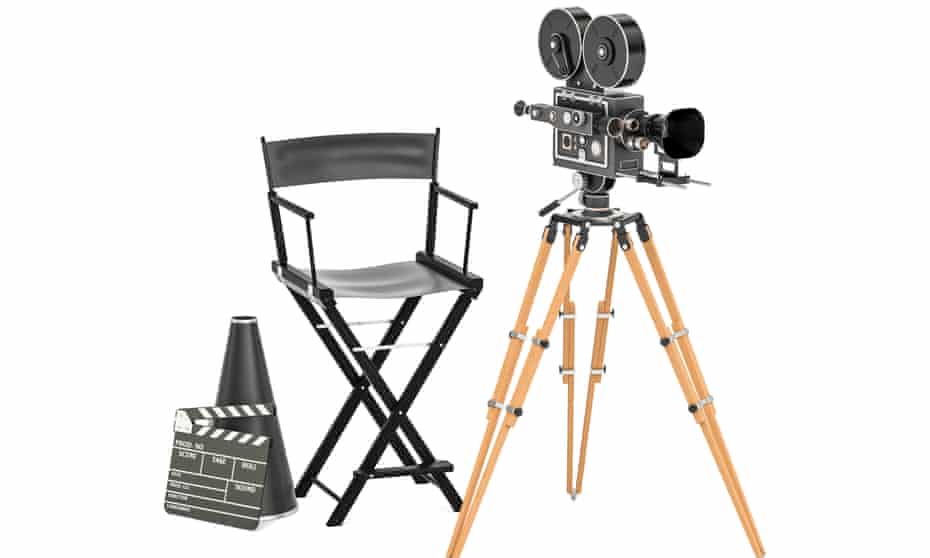 Cinema concept. Movie camera with film reels, chair, megaphone and clapperboard. 3D rendering isolated on white background