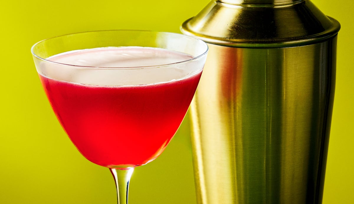 The rosy red Campari shakerato in a cocktail bowl martini glass and a cocktail shaker next to it.